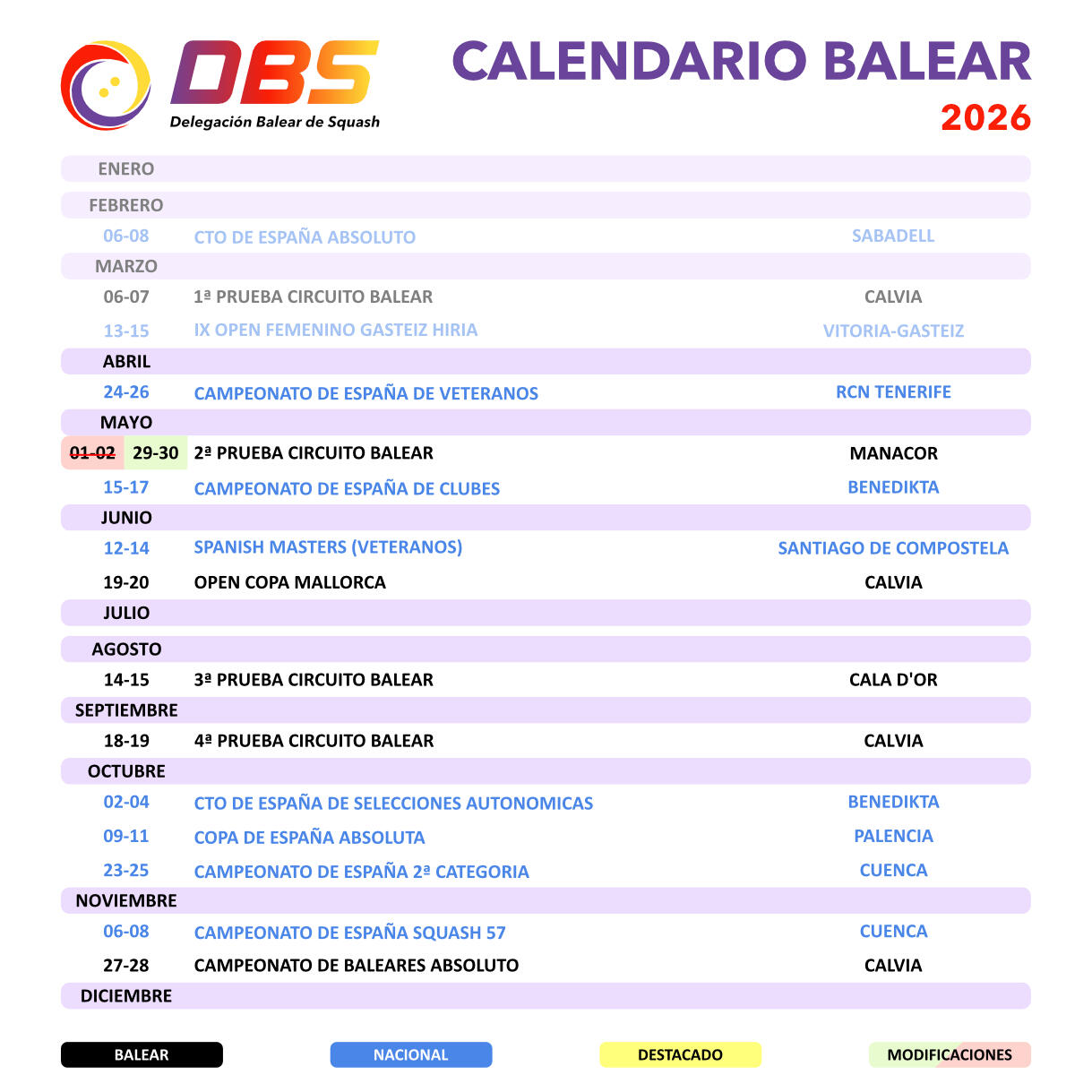 Calendario squash balear 2026 Calendario Balear 2026
