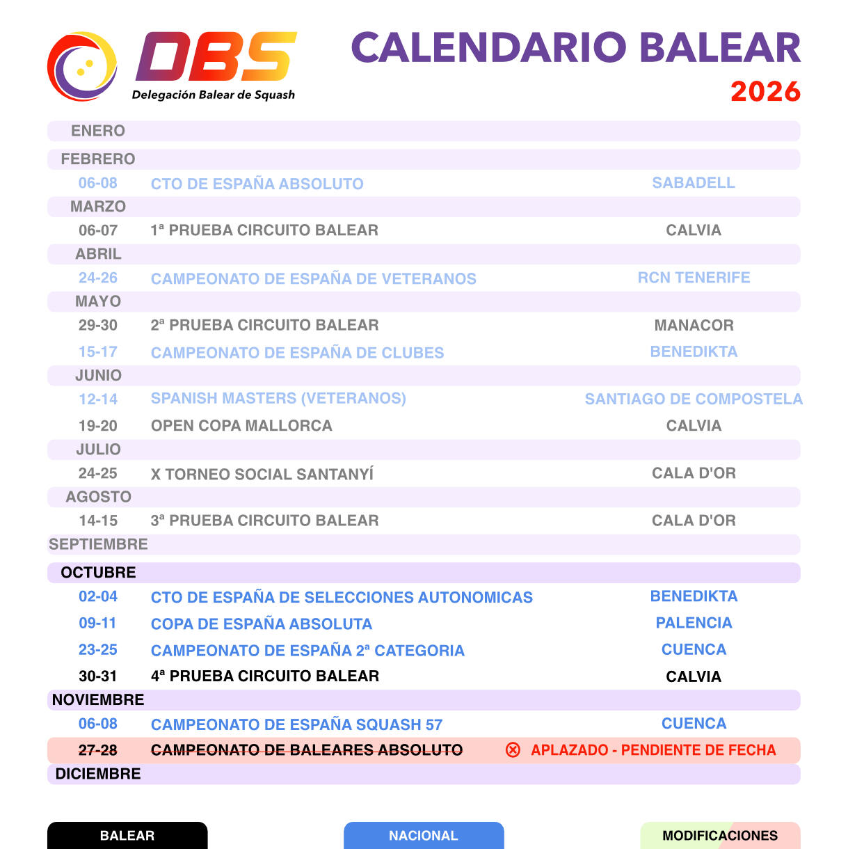 Calendario squash balear 2026 Calendario Balear 2026