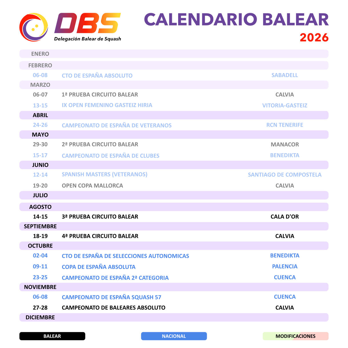 Calendario squash balear 2026 Calendario Balear 2026