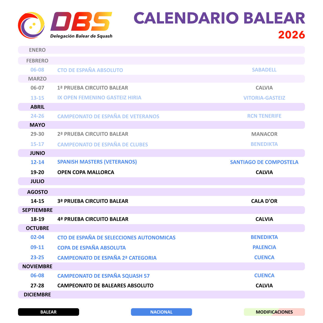 Calendario squash balear 2026 Calendario Balear 2026