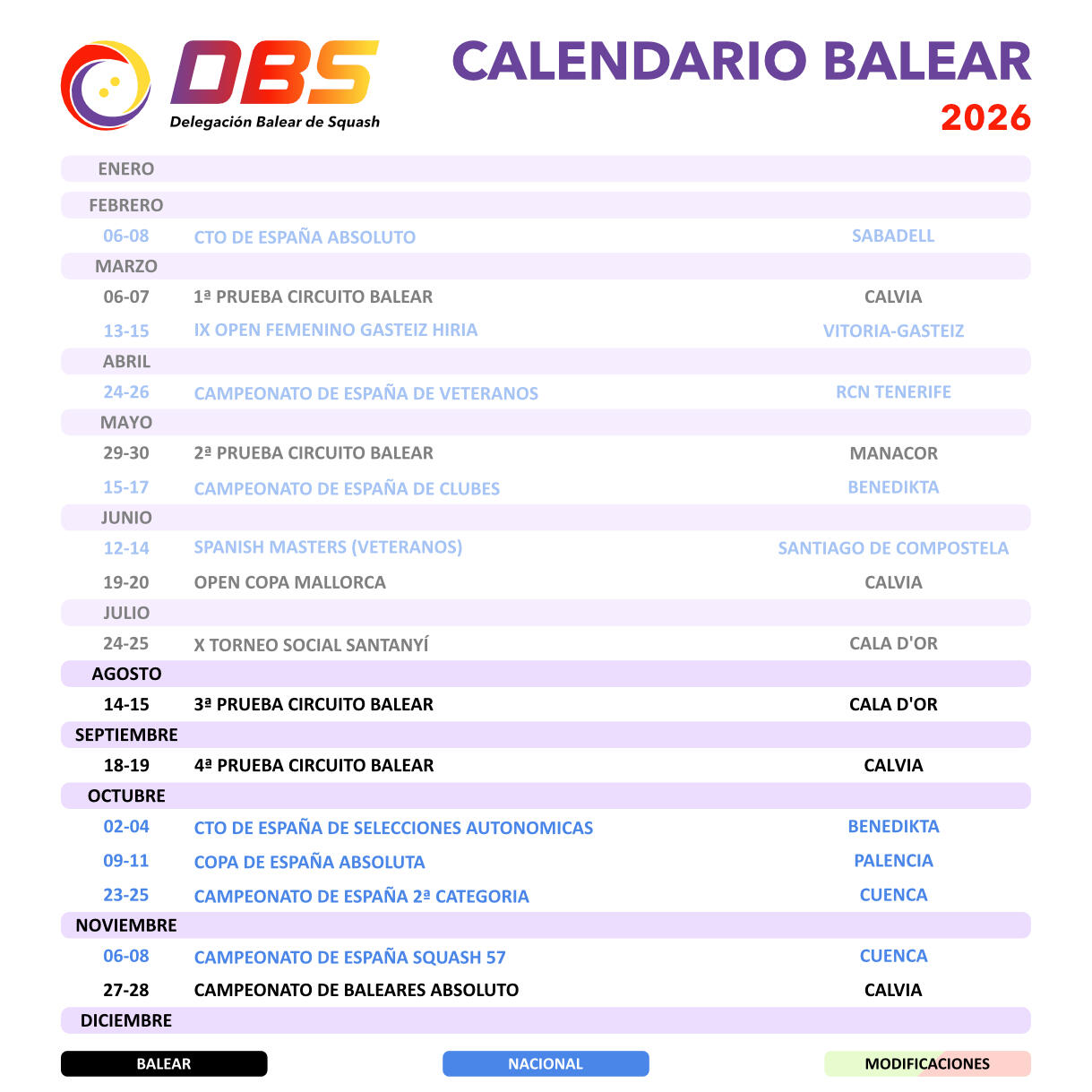 Calendario squash balear 2026 Calendario Balear 2026