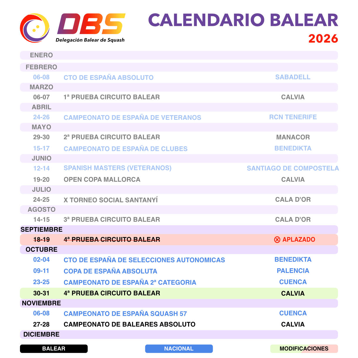 Calendario squash balear 2026 Calendario Balear 2026